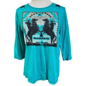 Tunique Rodeo Graphic Top Womens Large Studded Star Teal Blue 3/4 Sleeve Boho
